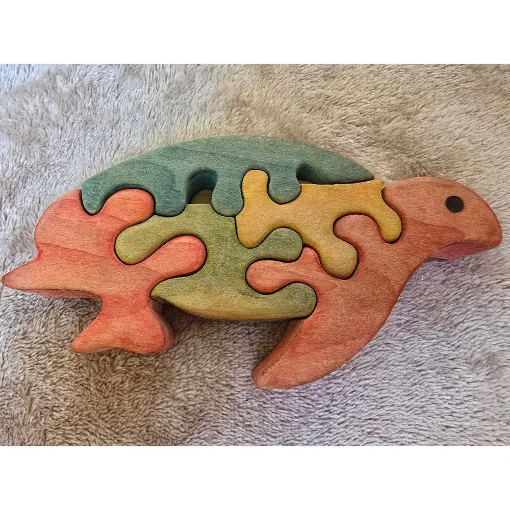 Handmade Wooden Sea Turtle Puzzle Waldorf Montessori Artisan Stained Wood Toy